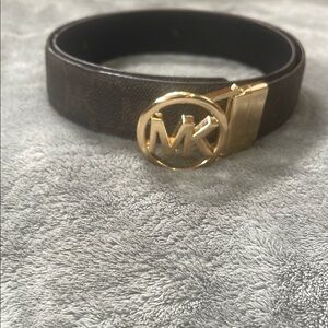 Michael Kors Dark Brown Belt with Gold MK Buckle. Has two added holes for buckle